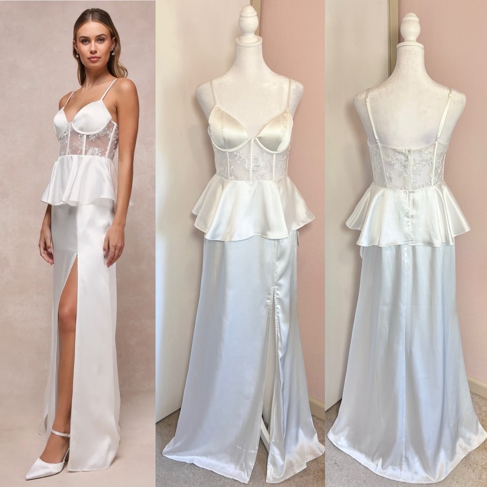 Iconic Adoration White Satin Peplum Sheer Bustier Maxi Dress by Lulus